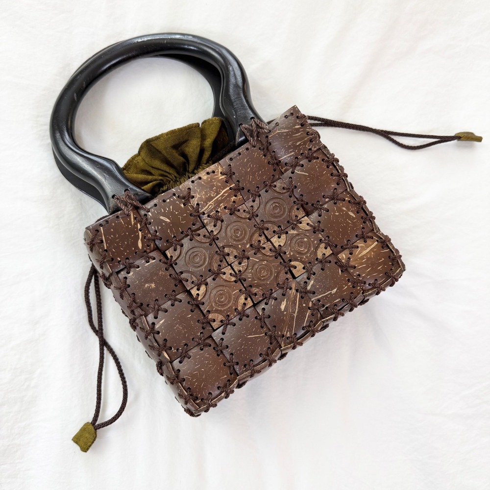 Coconut Shell Handbag Brown Woven Purse Mango Wood Handles Floral Lining